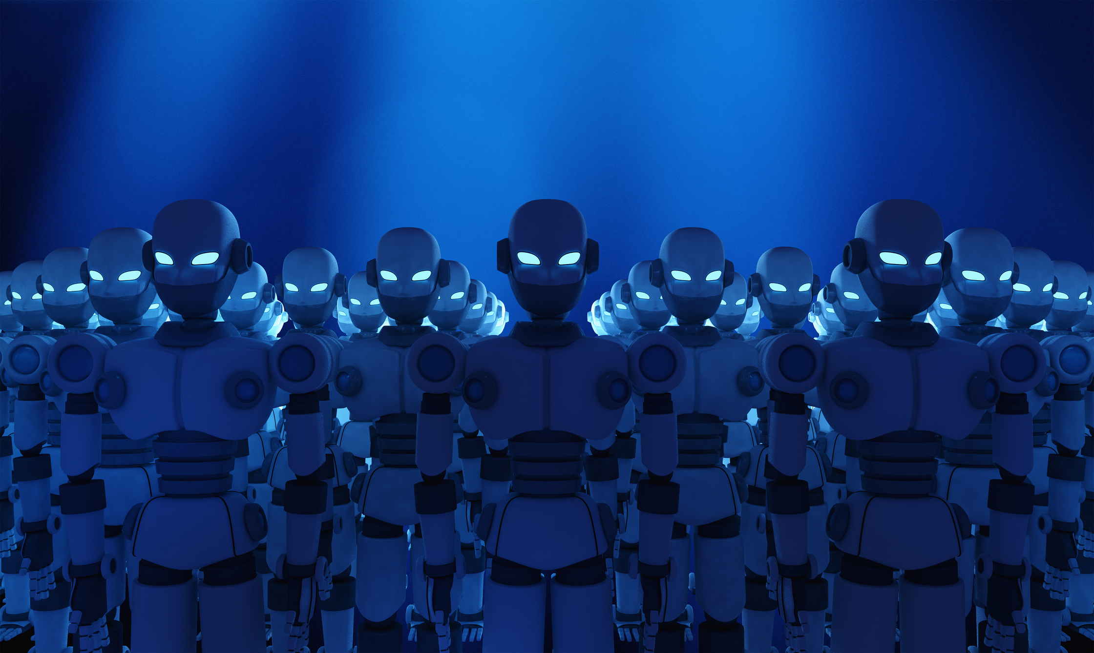 Group of robots on blue background, artificial intelligence in